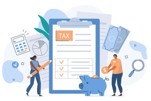 People filling Documents for Tax Calculation and making Tax Return. Characters Preparing Finance Report with Graph Charts. Accounting and Financial Management Concept. Flat Cartoon Illustration.